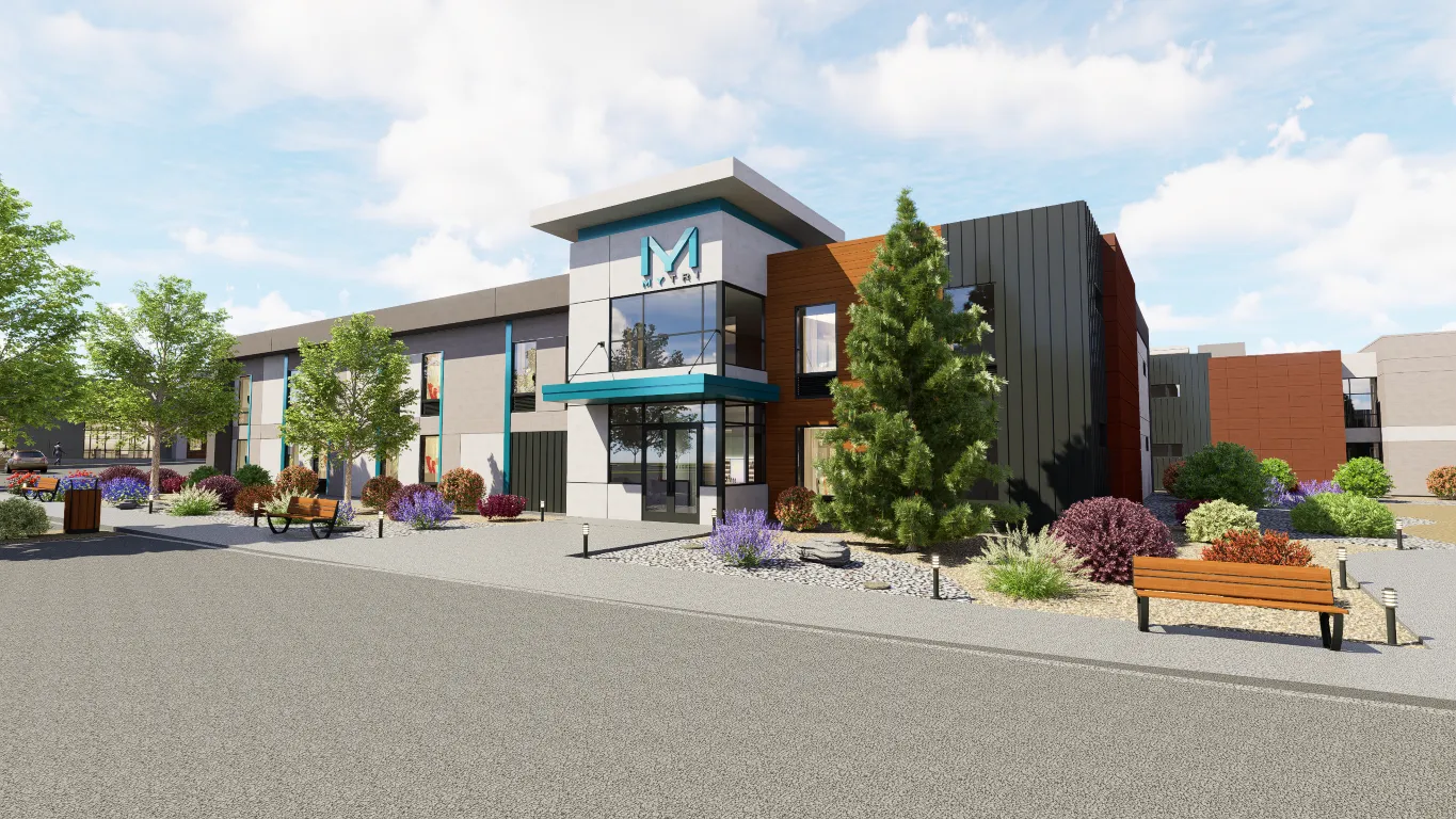An artist's rendering of a building with a bench in front of it.