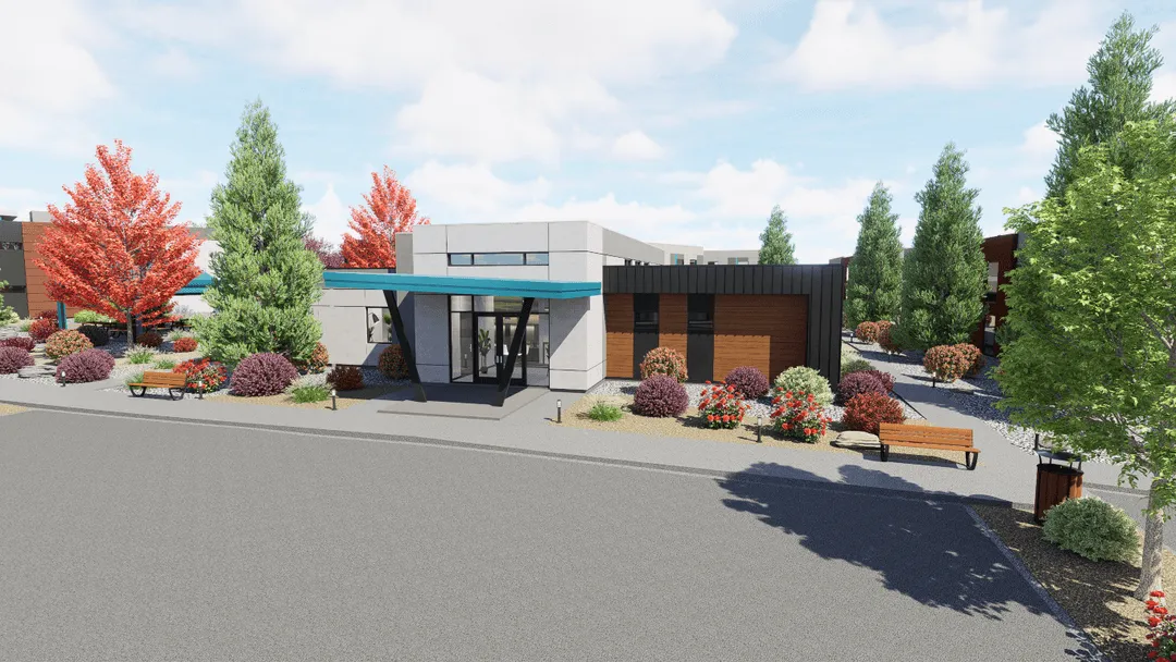 rendering of a building with a parking lot.