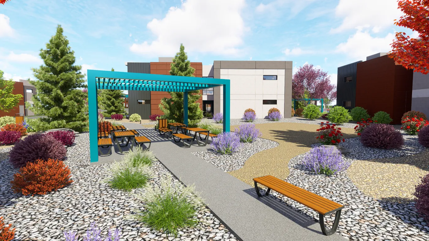 A rendering of a park with benches and a pergolated area.