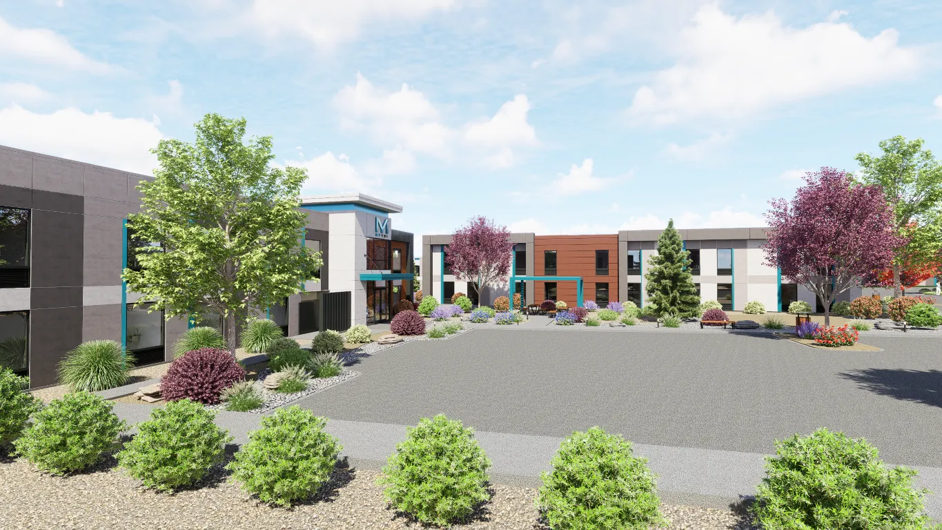 rendering of a building with a parking lot.