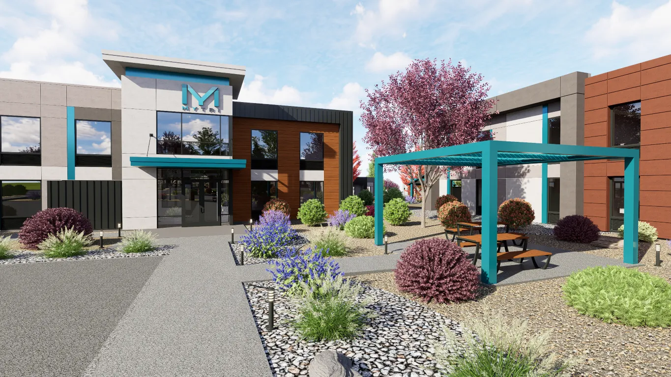 A rendering of a building with a bench in front of it.