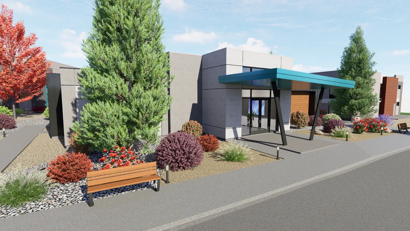 A rendering of a building with a bench in front of it.