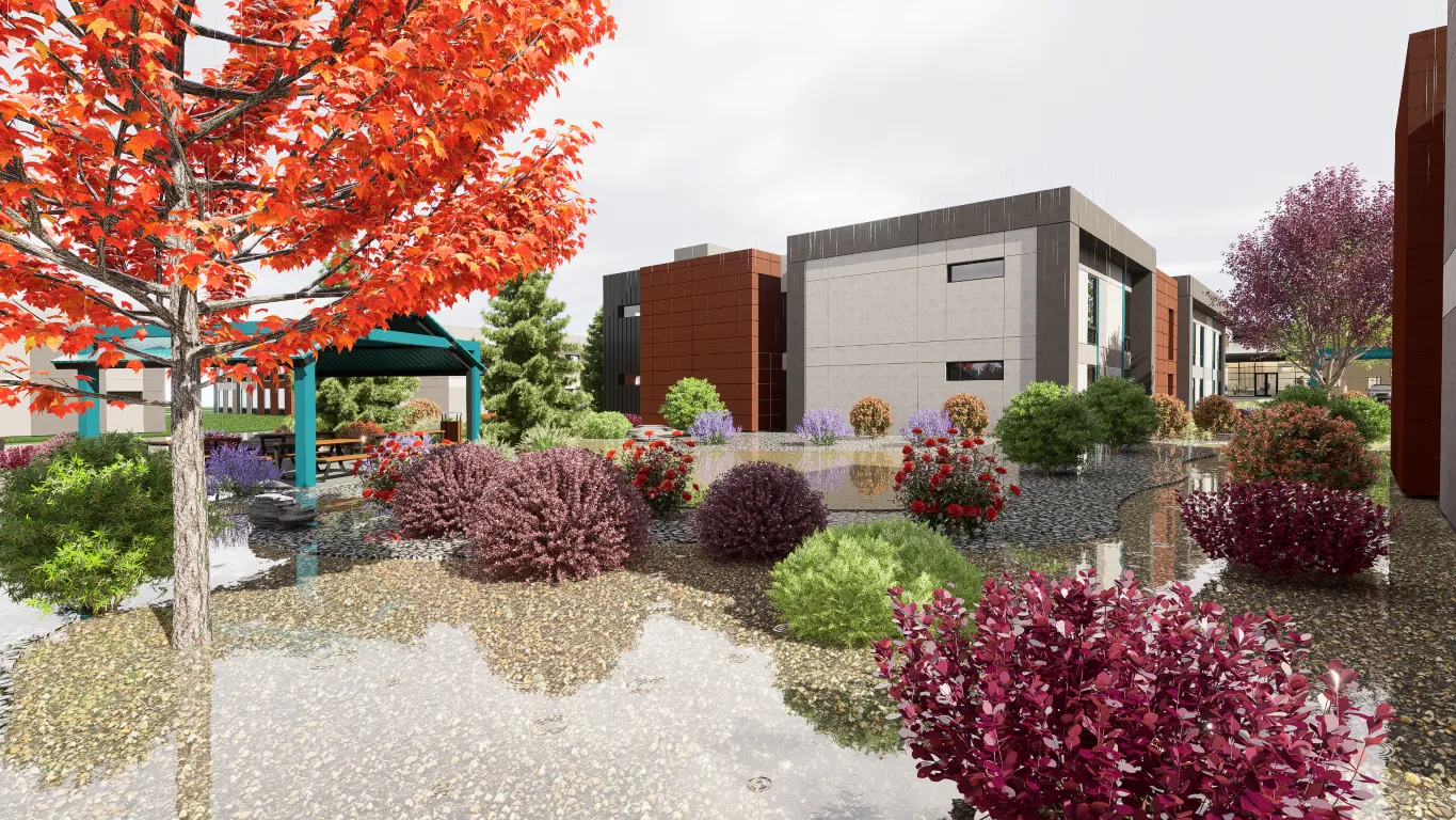 A rendered image of a building surrounded by trees.