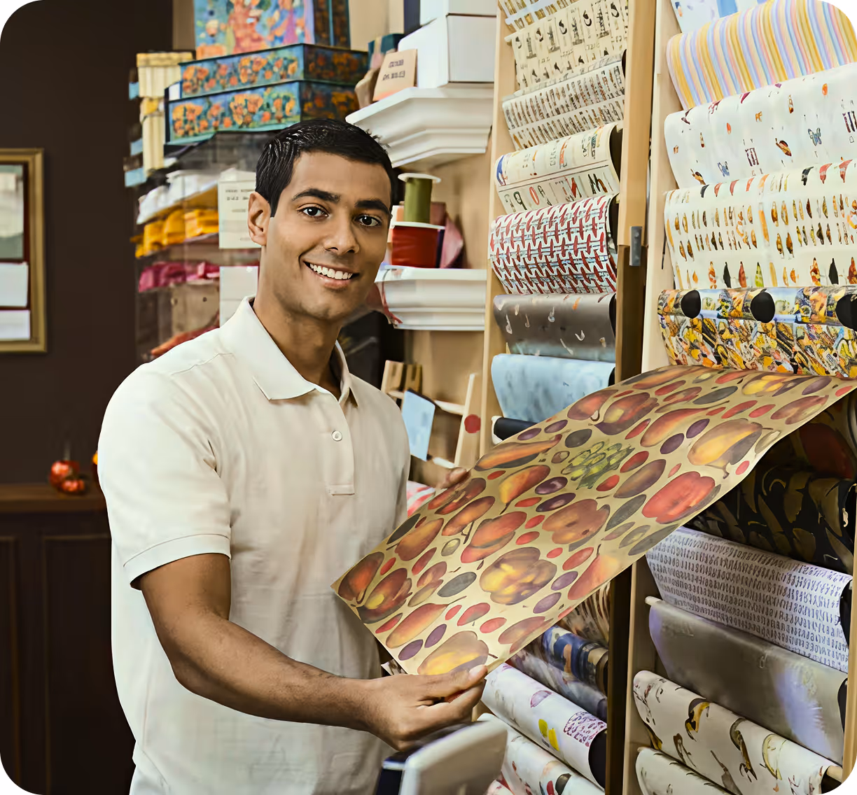Homem sorridente segurando papel de presente com padrão colorido em loja de embalagens.