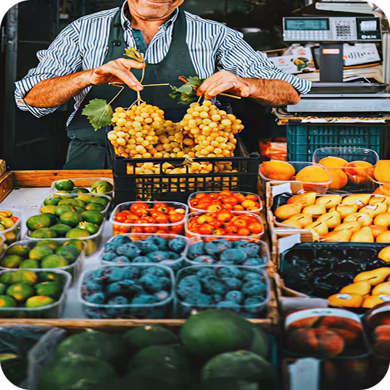 Homem sorridente em mercado segurando cachos de uvas verdes entre várias frutas frescas em exposição.