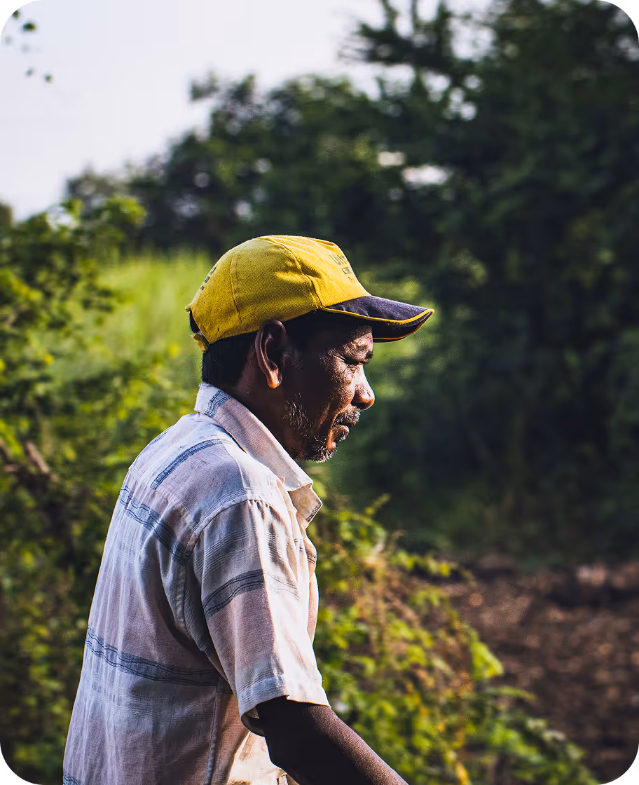 Homem usando boné amarelo e camisa xadrez clara, olhando para a direita em um ambiente natural verde.