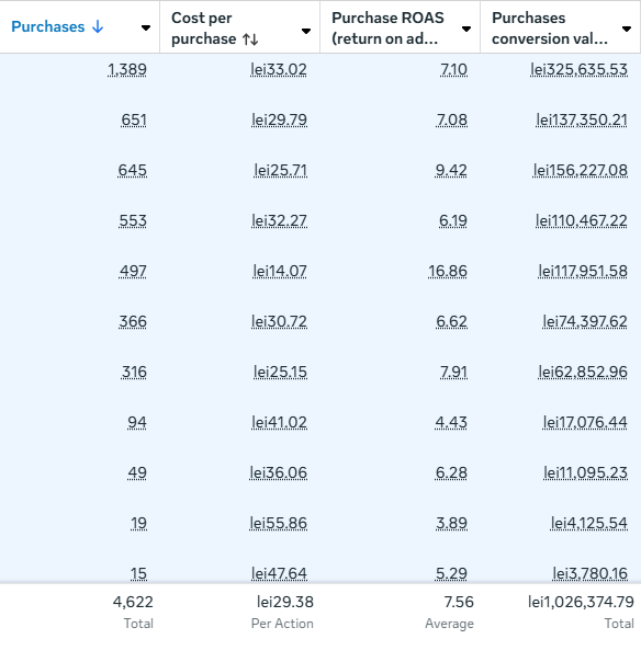 Poza cu rezultatele din Meta Ads