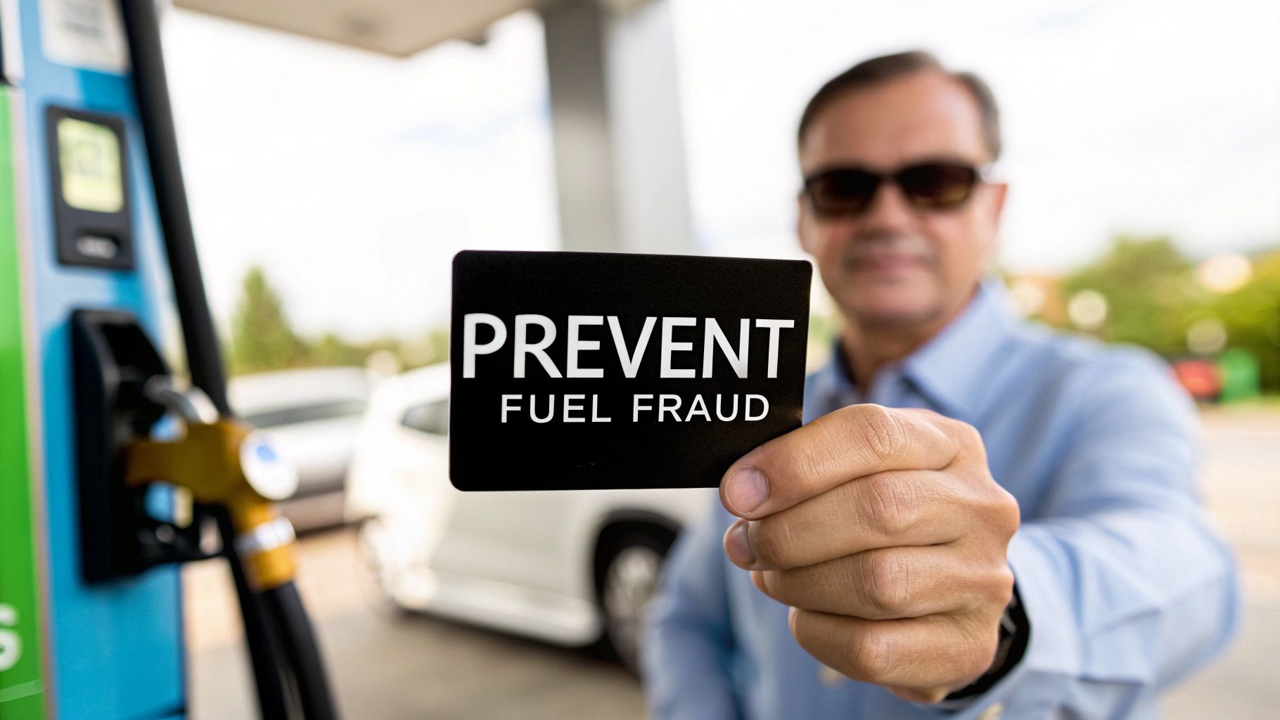 Man at gas station holding card with prevent fuel fraud text message