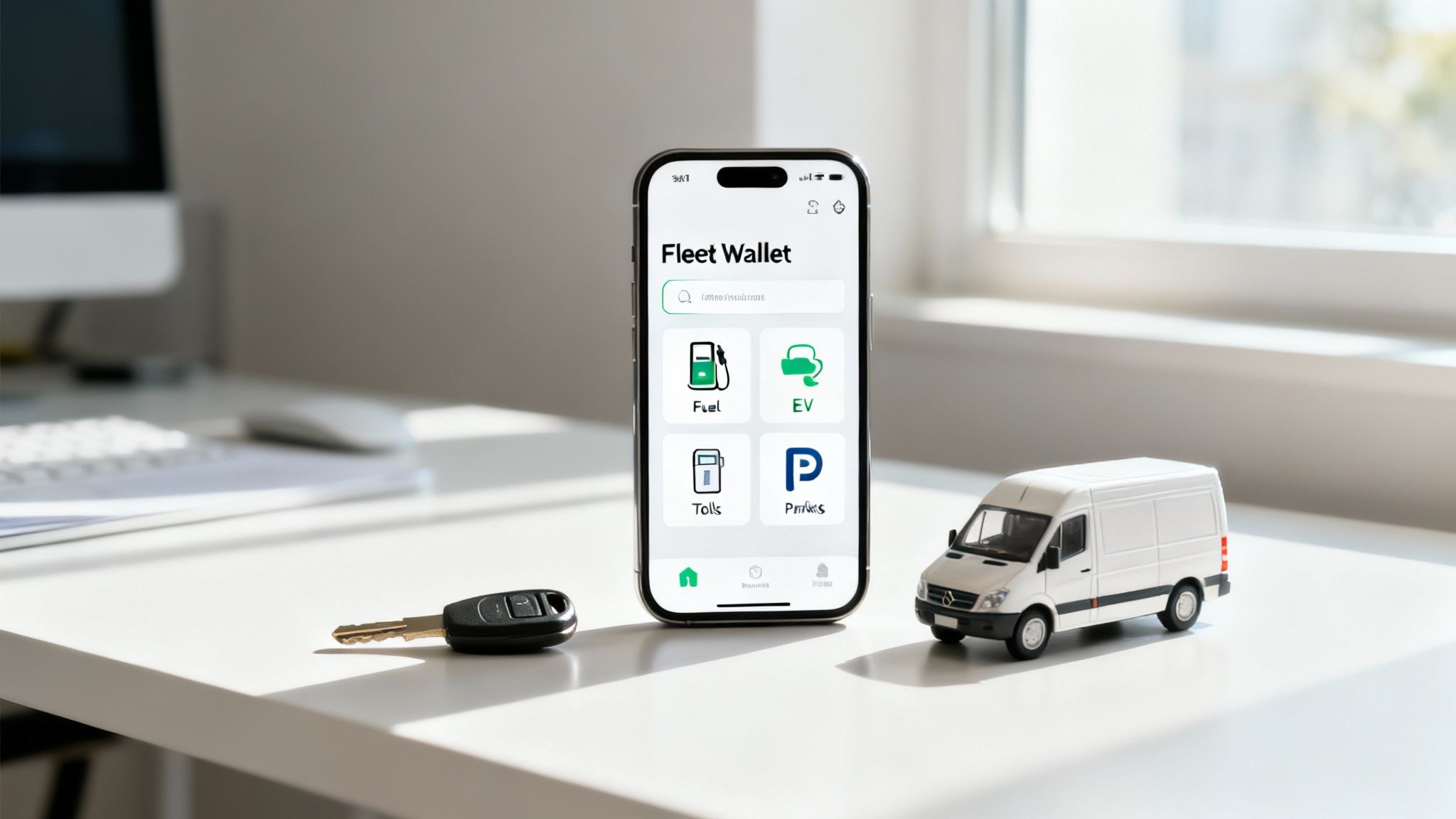 A smartphone displaying a 'Fleet Wallet' app, a car key, and a miniature delivery van on a white desk.