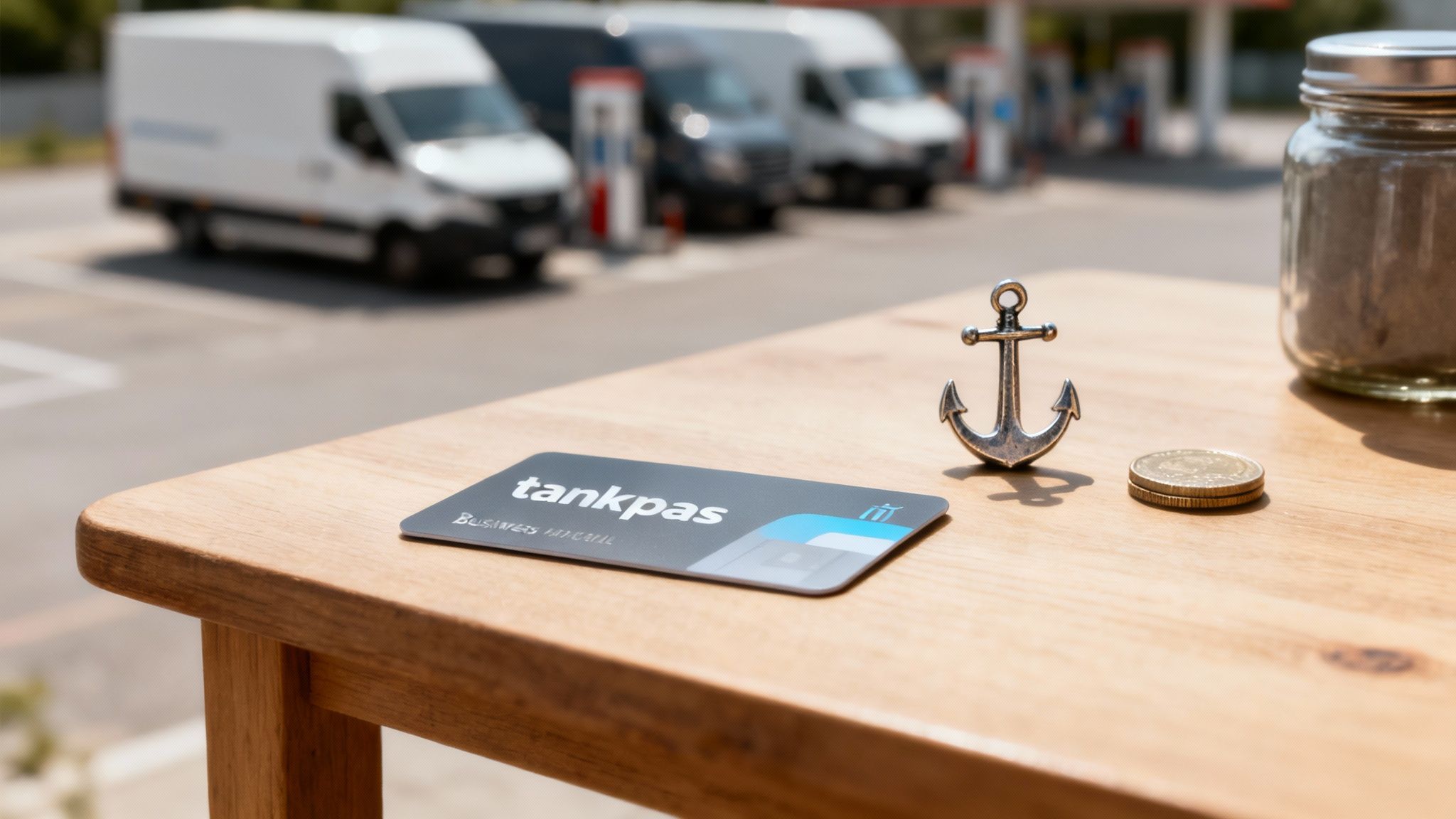 A gray Tankpas fuel card on a wooden table with an anchor and coins, at a gas station.
