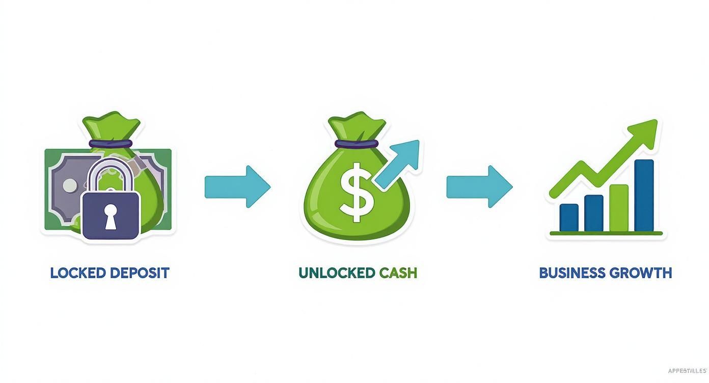 Diagram showing a locked deposit becoming unlocked cash, leading to business growth.
