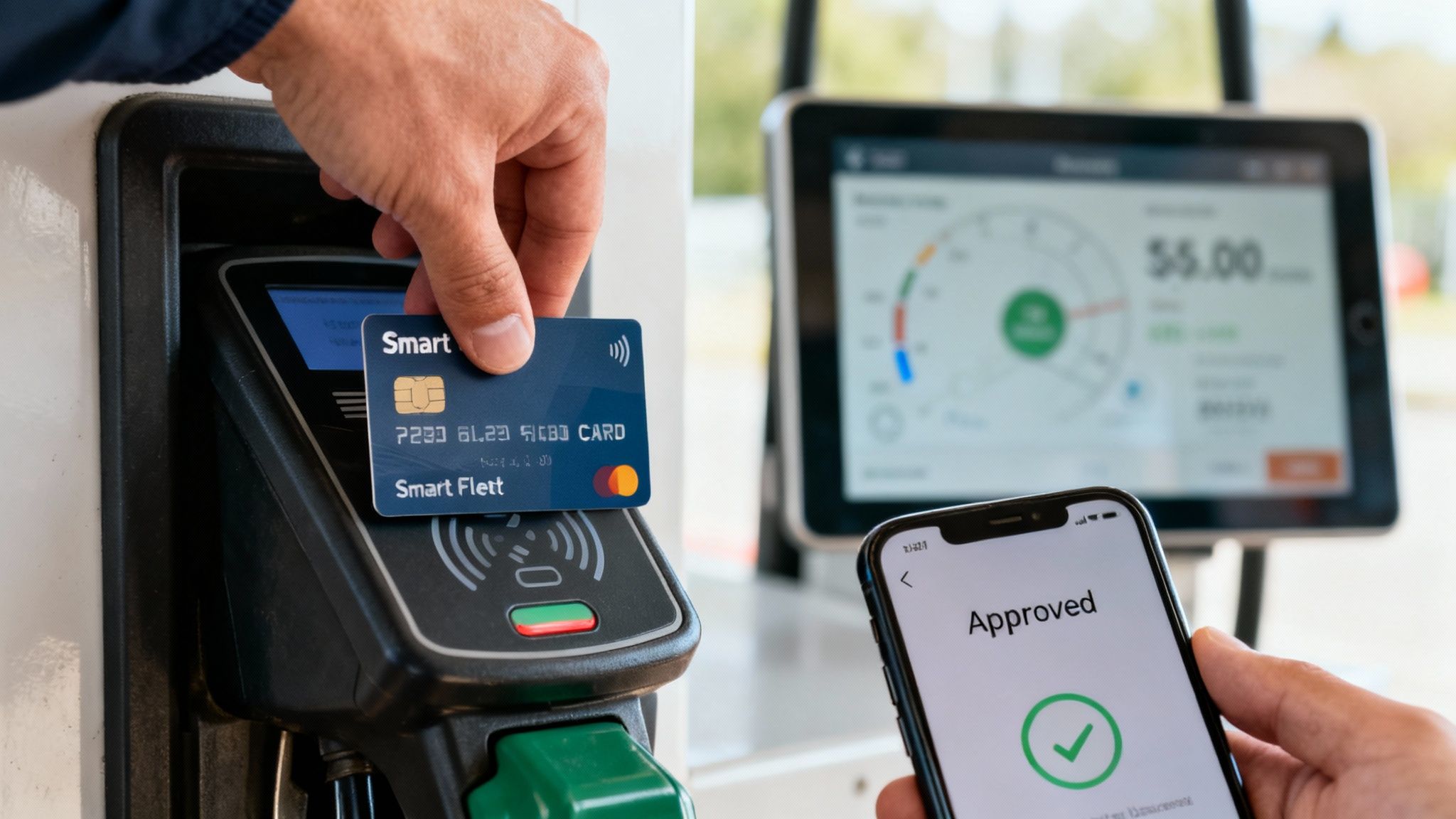 A person tapping a Smart Flett credit card on a payment terminal, with a phone showing "Approved".