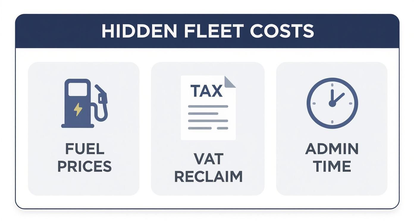An infographic displaying three hidden fleet costs: fuel prices, VAT reclaim, and admin time, with corresponding icons.