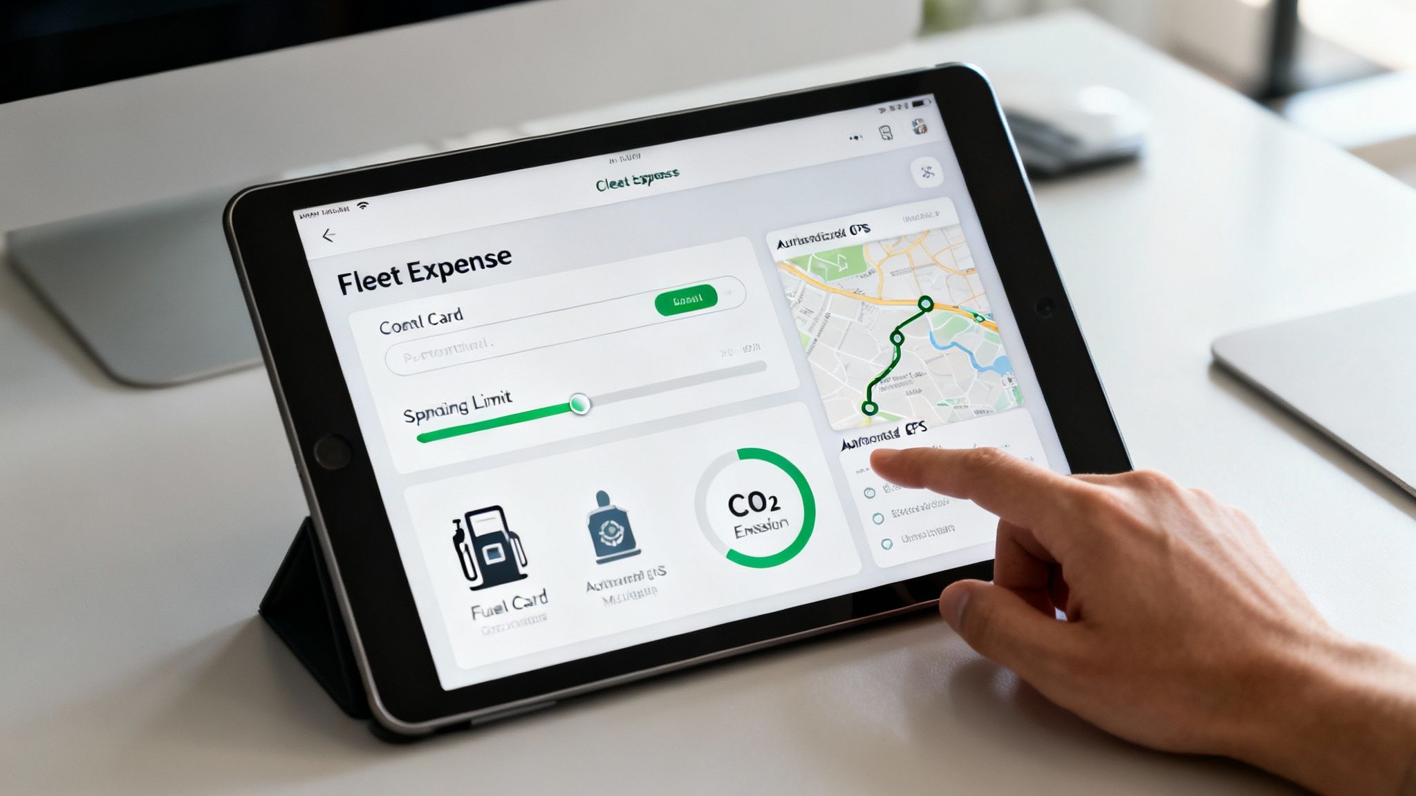 A hand interacts with a tablet displaying a fleet expense management application with a map and controls.