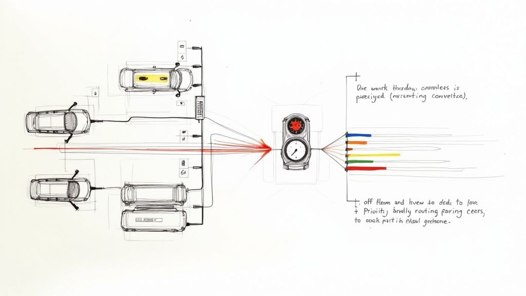 Diagram showing electric vehicles connected to charging stations, a central processing unit, and data outputs.