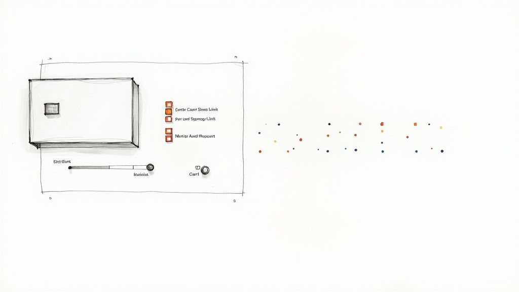 A hand-drawn sketch of a user interface featuring checkboxes, a slider, a cart button, and colorful dots.
