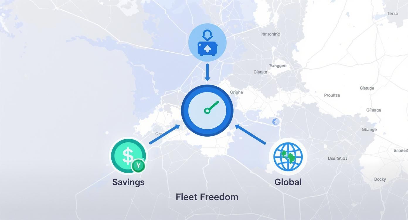 Diagram illustrating fleet management benefits with icons for time, global reach, and financial savings on a map.