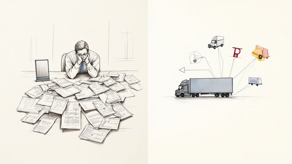 Illustration showing a man stressed by paperwork next to a truck diagramming efficient logistics.