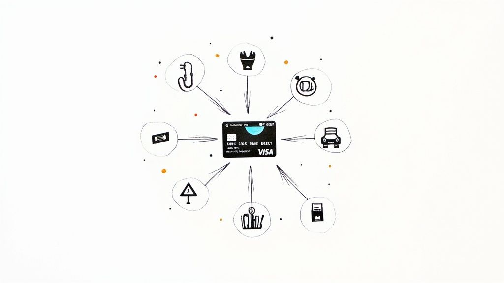 A black credit card surrounded by icons representing electric car charging and various services.