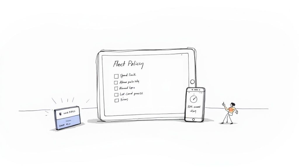 A person manages a digital fleet policy on a tablet and smartphone, next to a glowing smart card.