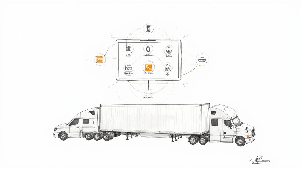A diagram illustrating a central tablet interface connected to two trucks, showing fleet management solutions.
