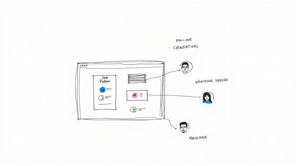 A hand-drawn sketch of a UI design with three avatars and associated labels.