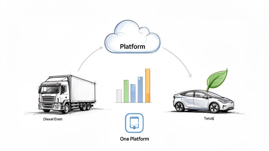 Diagram showing a cloud platform managing a diesel truck and an electric car with analytics.