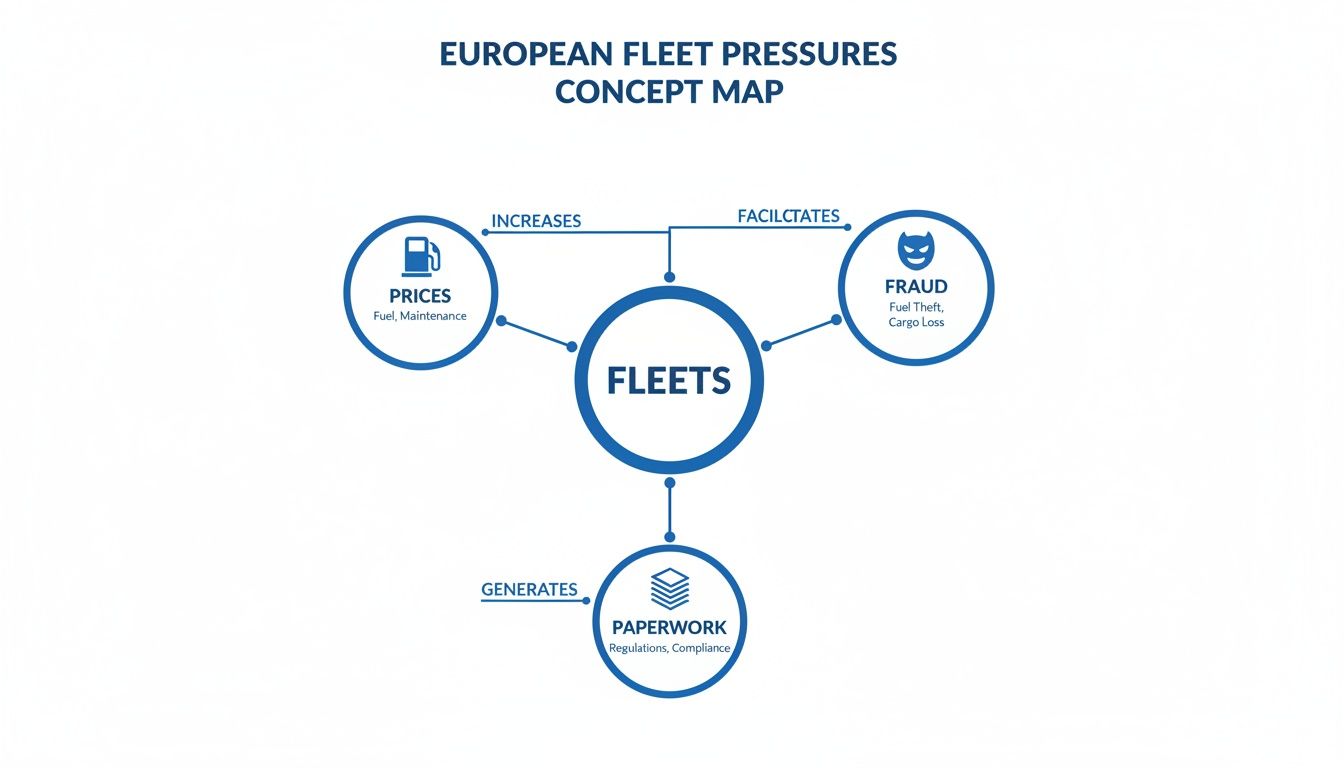 Concept map showing how European fleets are affected by prices, fraud, and paperwork.