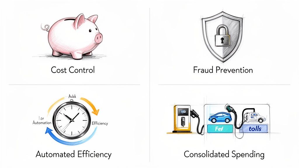 Four icons representing benefits: cost control, fraud prevention, automated efficiency, and consolidated spending.