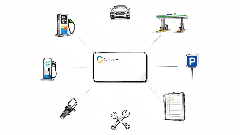 A central company box connects to various vehicle services including fuel, EV charging, parking, and maintenance.