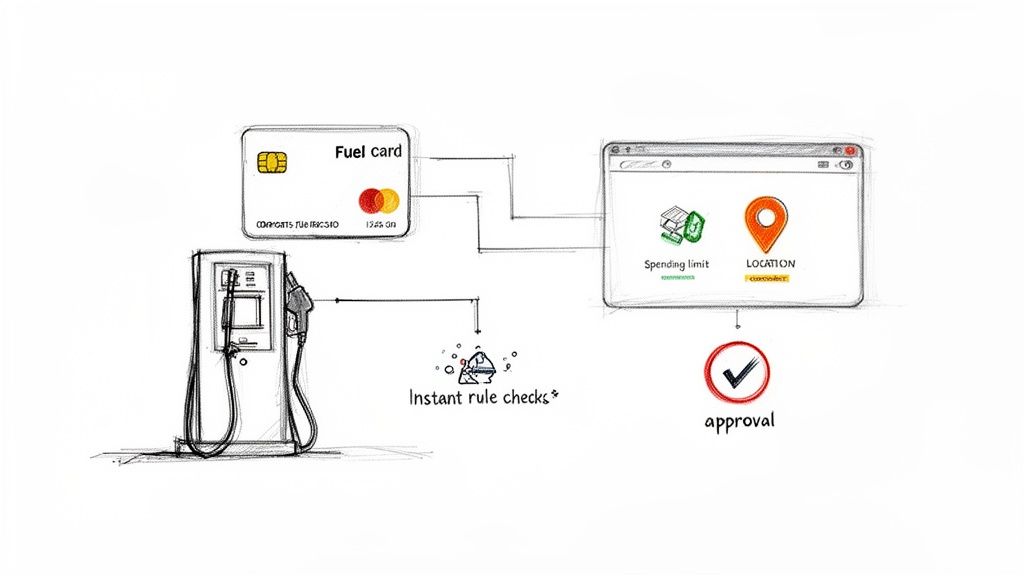 A diagram illustrating a fuel card transaction process with instant rule checks and approval based on spending limits and location.