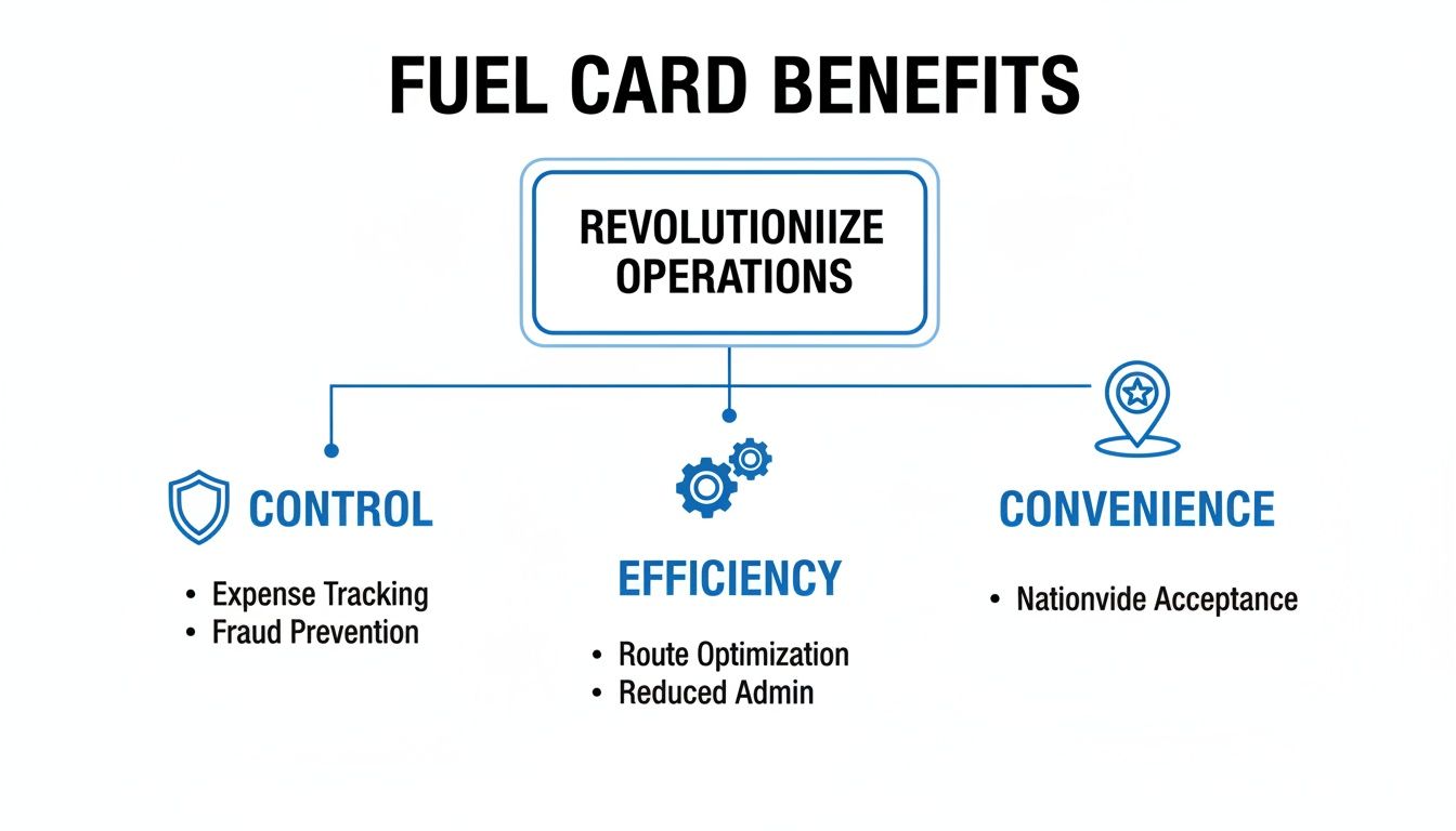 Infographic detailing fuel card benefits: control, efficiency, and convenience for operations.