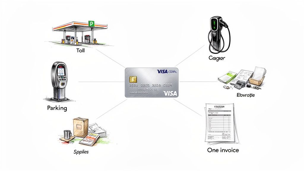 A VISA card connecting to various business expenses including fuel, parking, EV charging, supplies, and invoices.