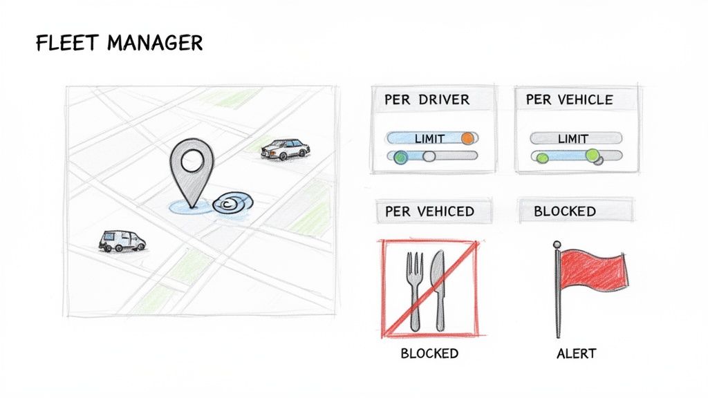 Sketch of a fleet manager dashboard displaying vehicle tracking, per driver/vehicle limits, blocked expenses, and alerts.