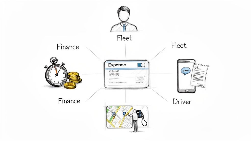 Diagram showing how an expense card streamlines operations for fleet managers, finance, and drivers.