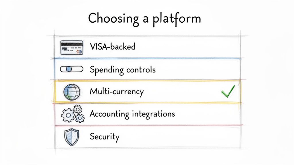 Graphic outlining platform selection criteria: VISA-backed, spending controls, multi-currency (checked), accounting integrations, and security.
