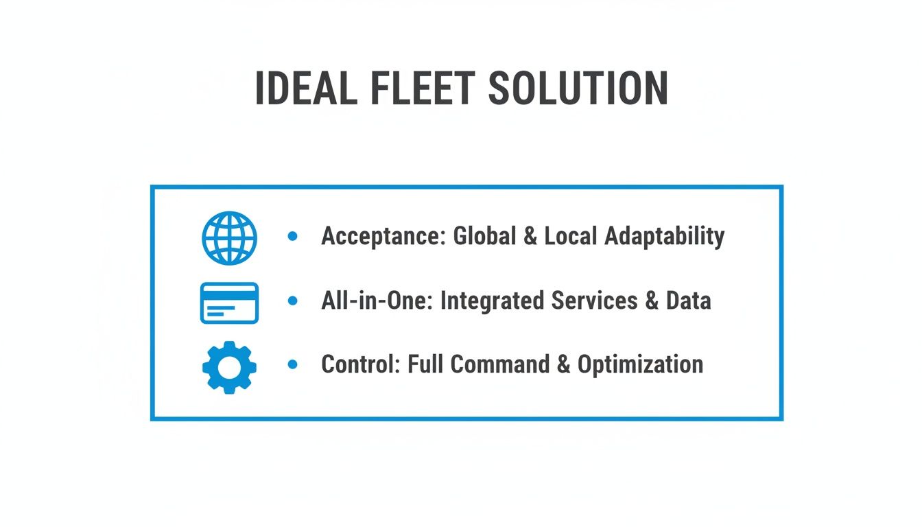 An infographic outlining the ideal fleet solution with global adaptability, integrated services, and full control.