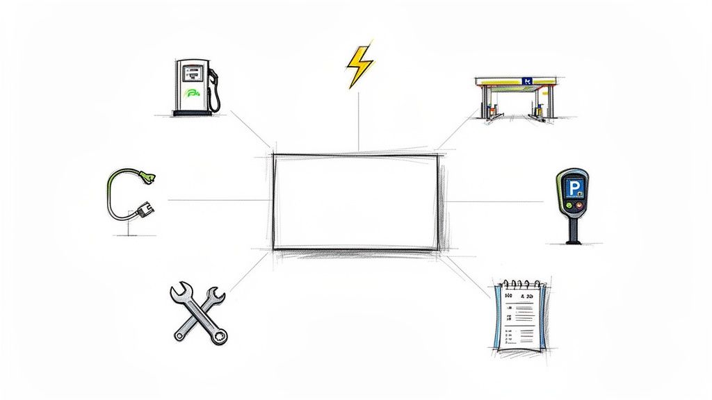 Icons representing various mobility solutions like EV charging, petrol, parking, and maintenance connected to a central platform.