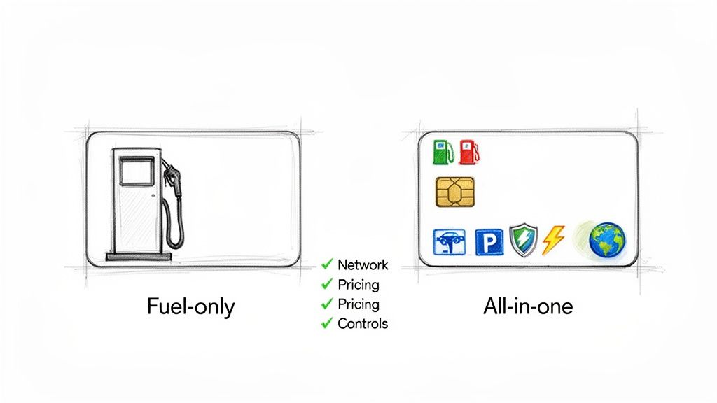 Visual comparison between a traditional fuel-only card and a versatile all-in-one fleet management card.