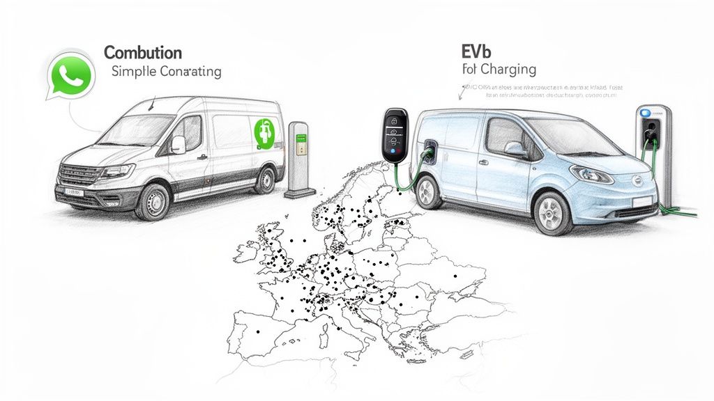 Illustration comparing combustion and electric vans, with their respective fueling/charging infrastructure and a European network map.