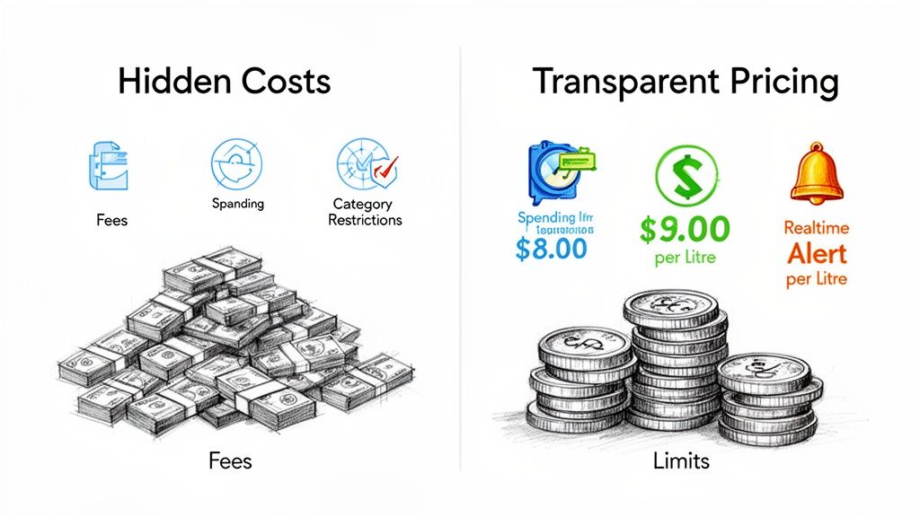 An image comparing hidden costs like fees and restrictions with transparent pricing, showing spending limits and alerts.