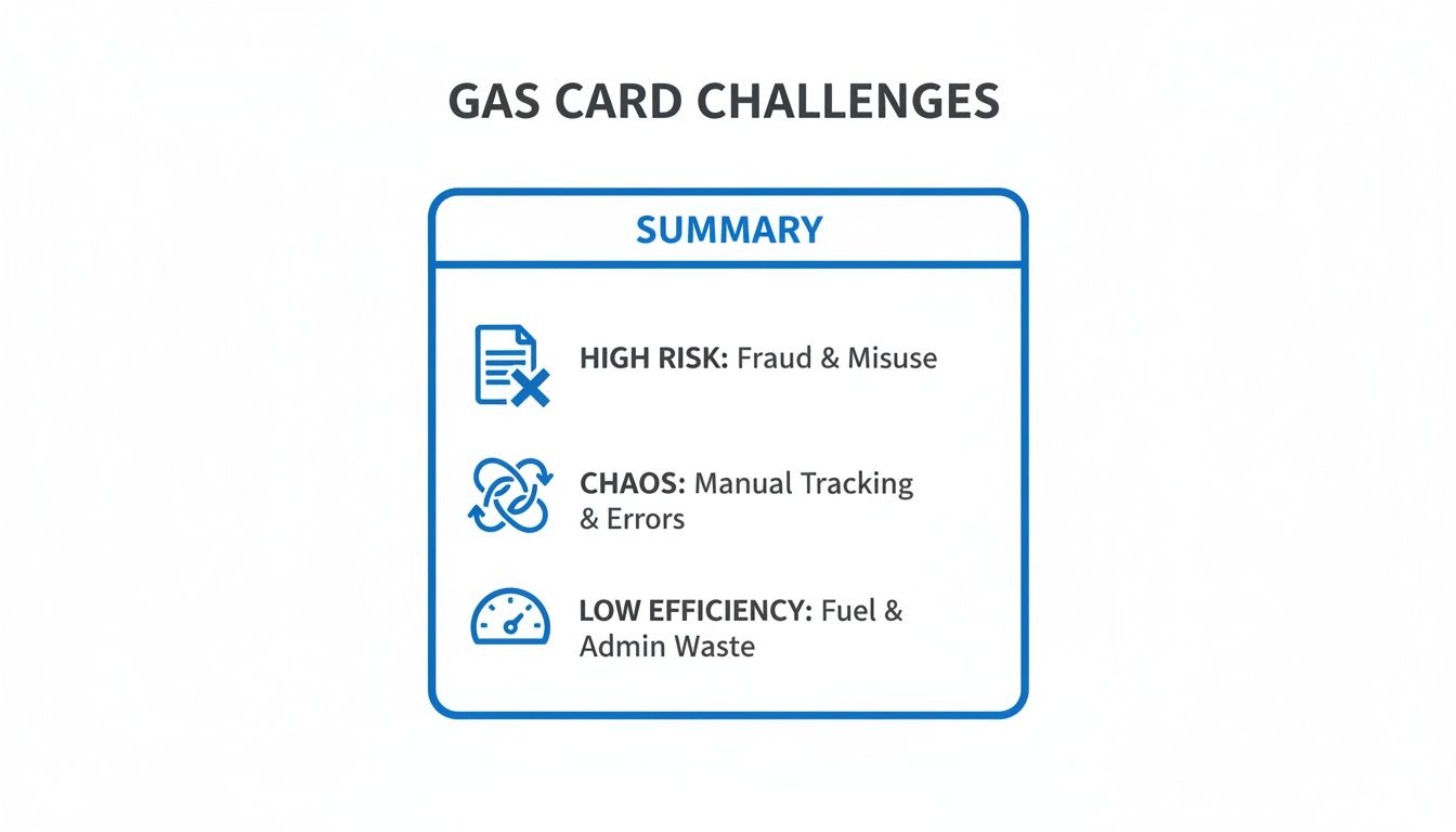 A summary of gas card challenges, detailing fraud risk, manual tracking errors, and efficiency waste.