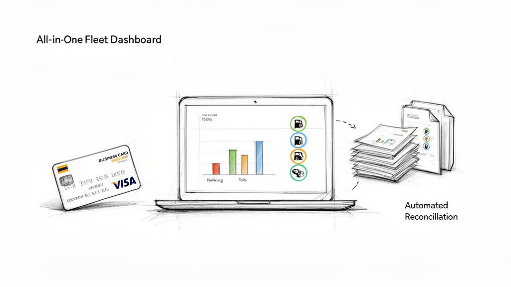 A sketch illustrating a Visa business card, a laptop with a fleet dashboard, and documents for automated reconciliation.