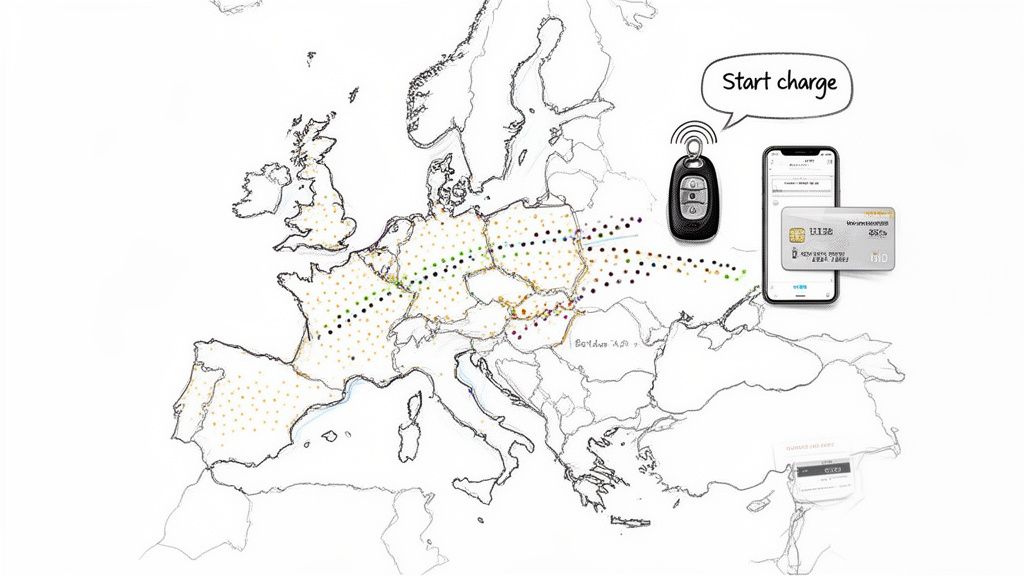 Map of Europe illustrating electric vehicle charging infrastructure and digital payment for car charging.