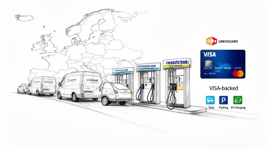 Illustration: European map, fleet vehicles charging at stations, and a UNEVSCARD Visa for tolls, parking, EV charging.