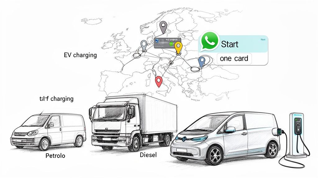 Map of Europe illustrating EV charging, tilf charging, petrol, and diesel fueling options for different vehicles.
