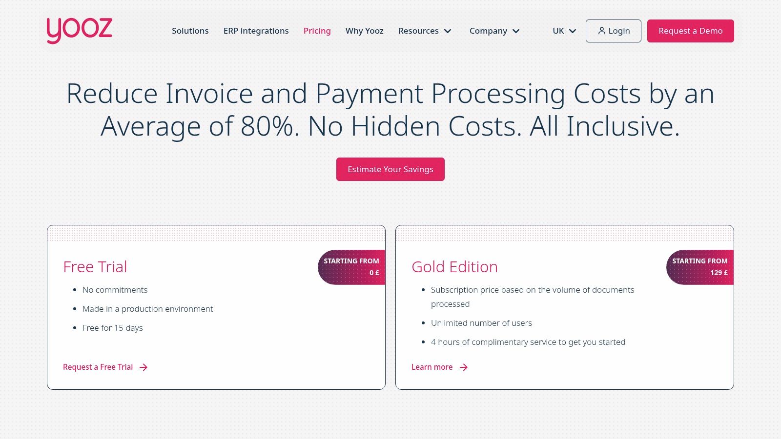 Yooz automated invoice processing software pricing plans