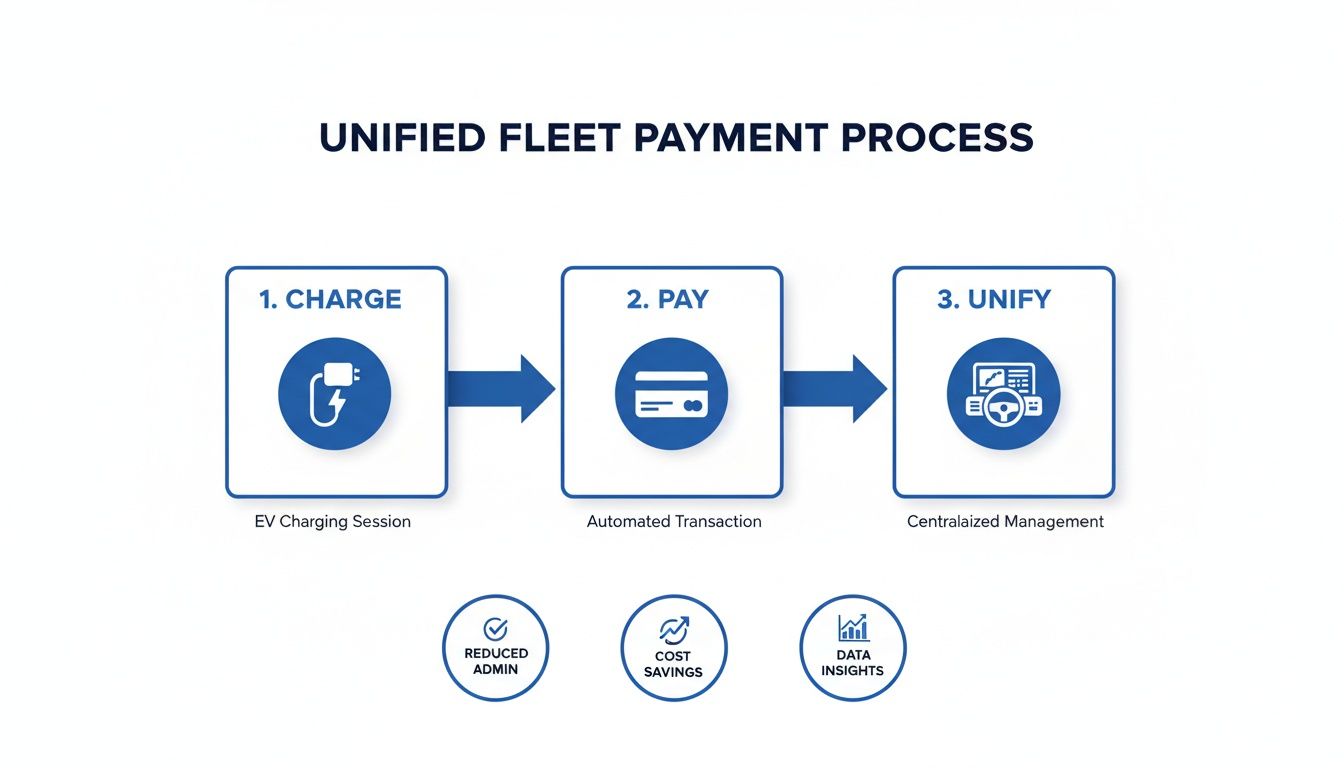 Infographic detailing the unified fleet payment process for EV charging, showing steps and benefits.