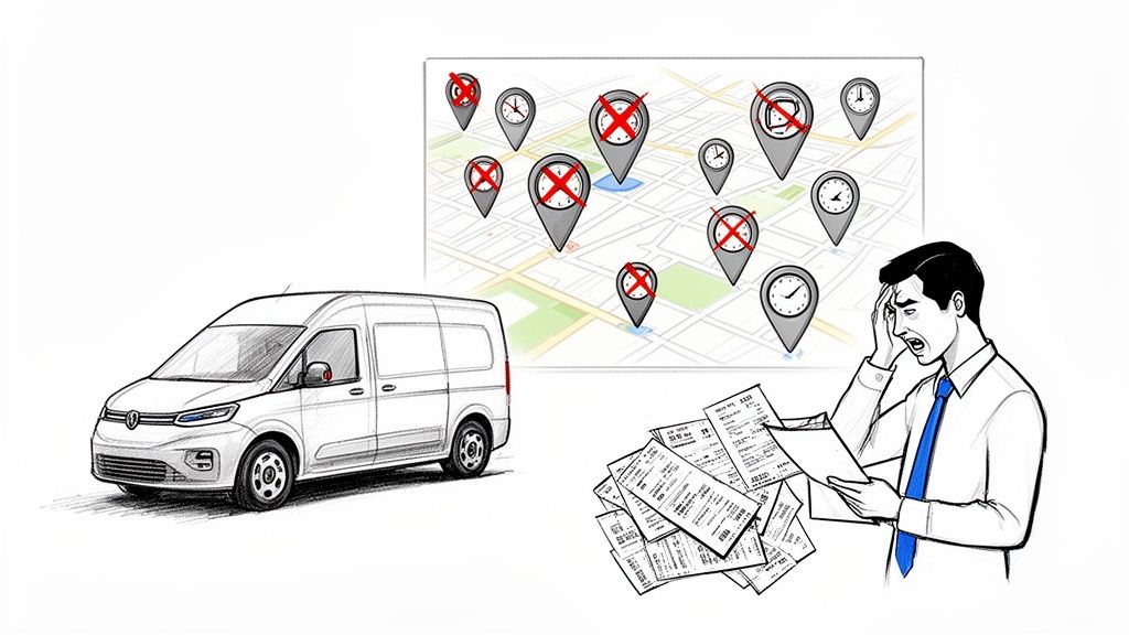 A stressed man with receipts, a delivery van, and a map showing missed appointments highlights route planning challenges.