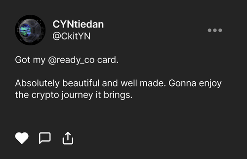 A screenshot of a tweet on x.com from a Ready customer, saying how beautiful and well-made the Ready Metal card is.